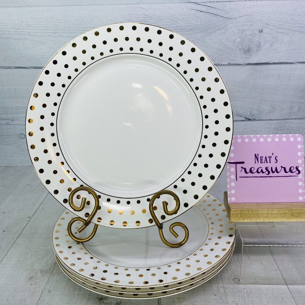 Grace's Teaware VARIETY GOLD DOTS Polka Dots &Trim Porcelain Dinner Plates Set 4